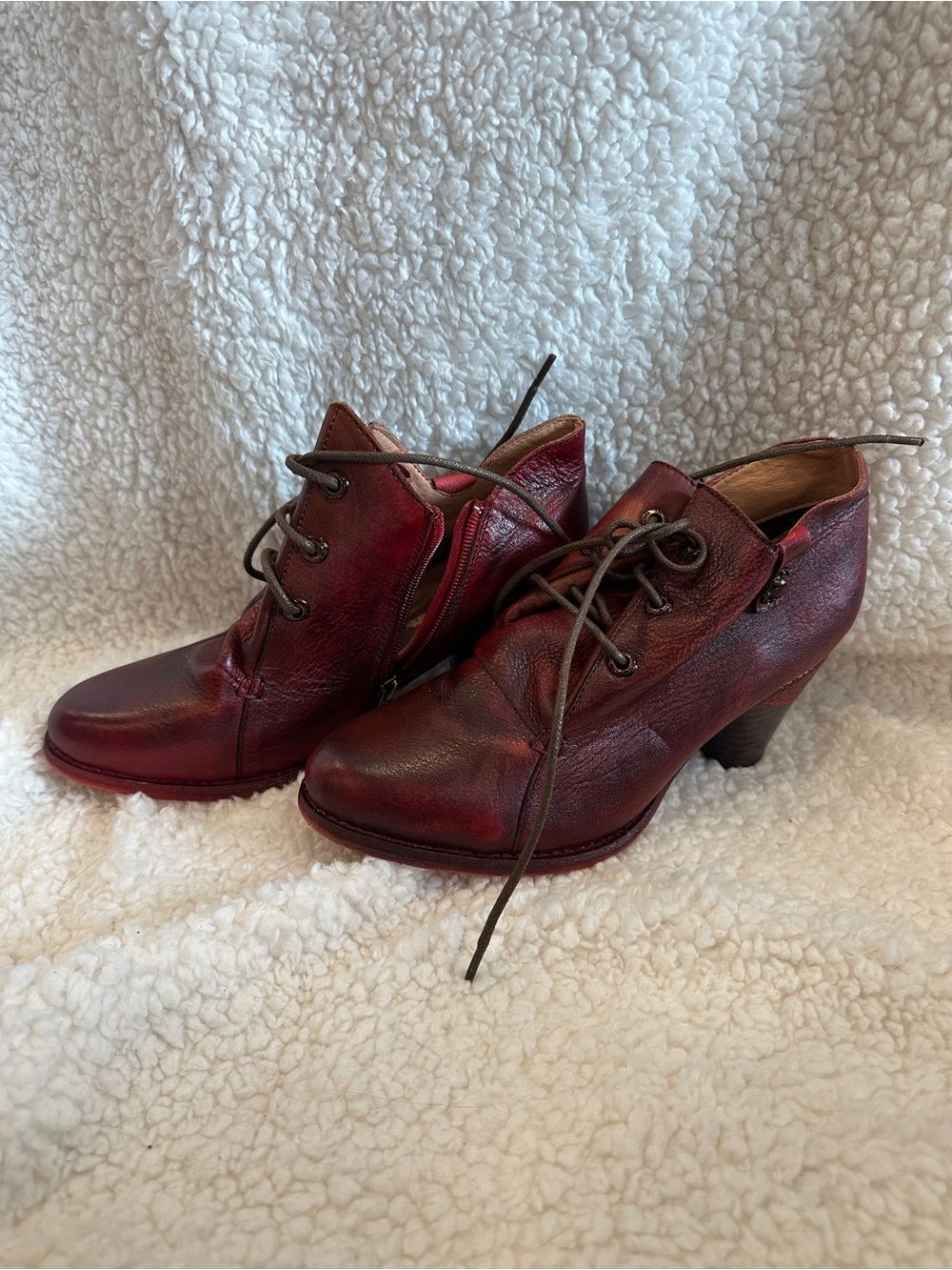 Burgundy Leather Lace-Up Heeled Booties